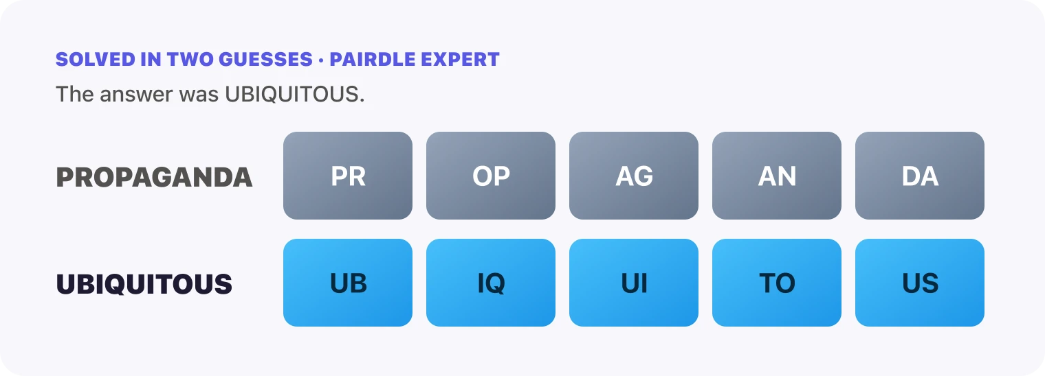 Both Pairdle Expert guesses for October 2, 2026 stacked in order, PROPAGANDA, then UBIQUITOUS, with the last row all blue.