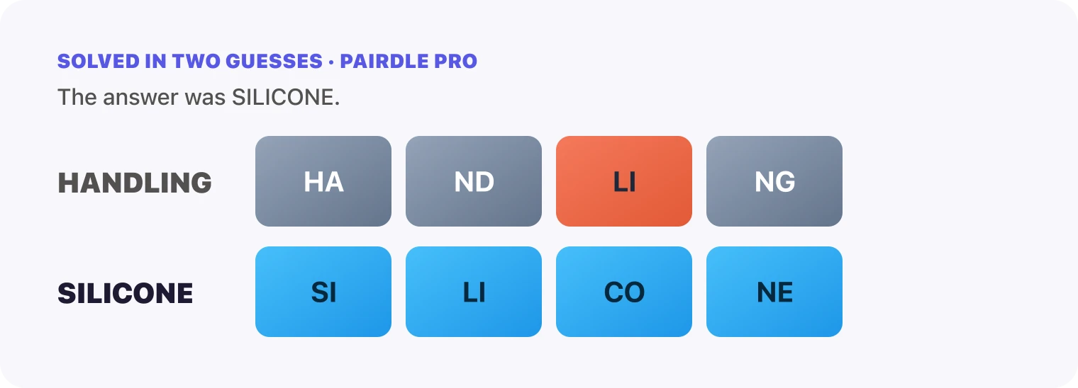 Both Pairdle Pro guesses for October 12, 2026 stacked in order, HANDLING, then SILICONE, with the last row all blue.