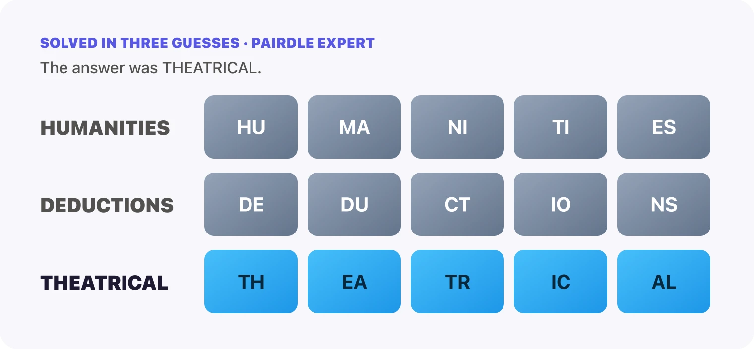 All three Pairdle Expert guesses for October 13, 2026 stacked in order, HUMANITIES, then DEDUCTIONS, then THEATRICAL, with the last row all blue.