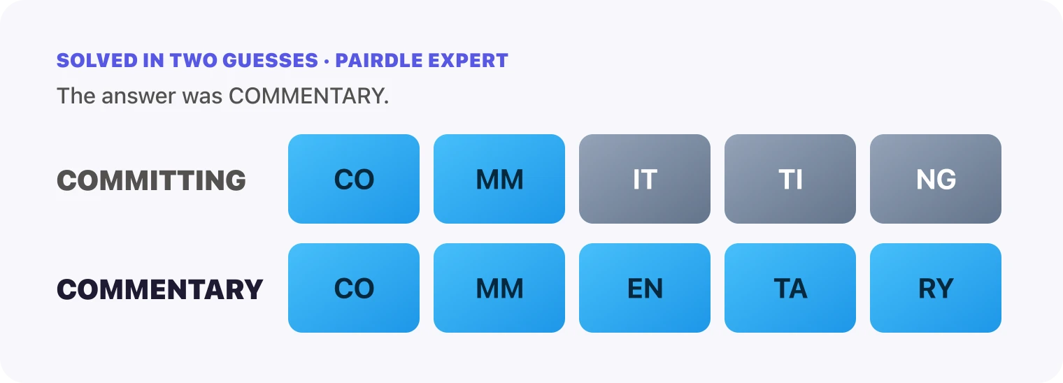 Both Pairdle Expert guesses for October 16, 2026 stacked in order, COMMITTING, then COMMENTARY, with the last row all blue.
