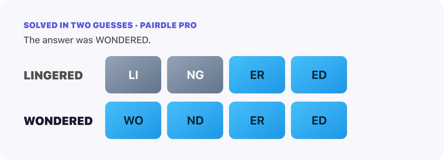 Both Pairdle Pro guesses for October 16, 2026 stacked in order, LINGERED, then WONDERED, with the last row all blue.