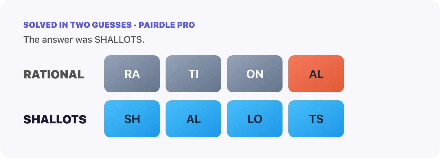 Both Pairdle Pro guesses for October 18, 2026 stacked in order, RATIONAL, then SHALLOTS, with the last row all blue.