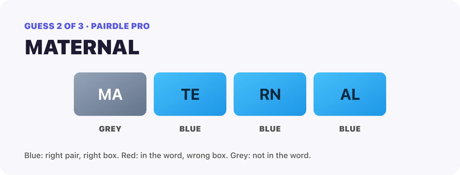 Guess 2, MATERNAL: MA grey, TE blue, RN blue, AL blue.