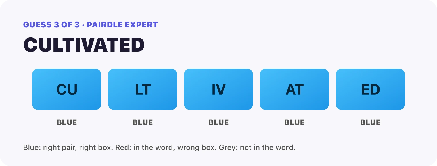 Guess 3, CULTIVATED: every box blue, CU, LT, IV, AT, ED. That solved it.